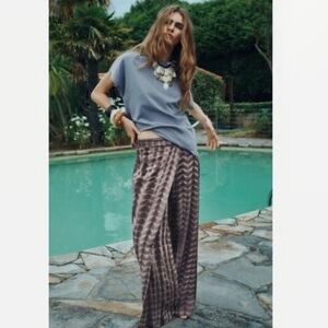 Zara XL Tie Dye Linen Blend Wide Leg Pants Brown White Boho Wrap Detail NWOT
